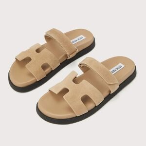 Steve Madden Mayven Sandals Suede Slip On Flat Two Tone Velcro Shoes NEW Size 10